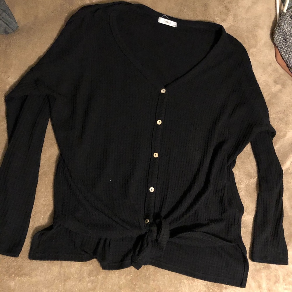 Black waffle tie front sweater
